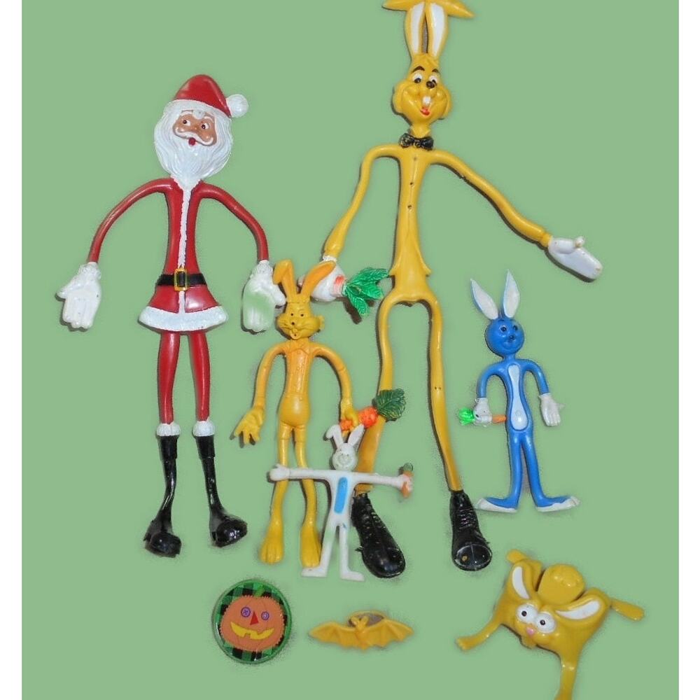 Vintage Holiday Novelty Toy Lot: Bendy Rabbits & Santa, Halloween Rings, ETC.